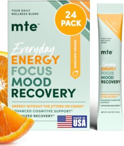 MTE More Than Energy caffeine-free drink mix packets in Mandarin Orange, Lemon Lime, and Mango Pineapple flavors, promoting jitter-free energy, sharp focus, and mood support without caffeine or sugar.