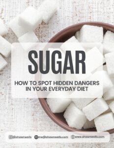Sugar guide cover with bowl of sugar cubes titled how to spot hidden dangers in your everyday diet and identify hidden sugars in food