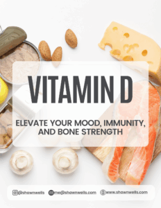 Flat lay of salmon, cheese, mushrooms, almonds, and canned fish with “Vitamin D” headline, illustrating food sources and benefits for vitamin d in autumn.