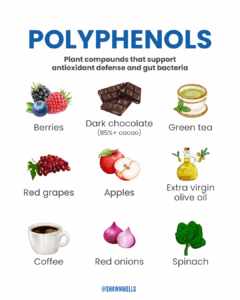 Polyphenol-rich foods that may support gut health and the gut-brain axis including berries, dark chocolate, green tea, red grapes, apples, extra virgin olive oil, coffee, red onions, and spinach.