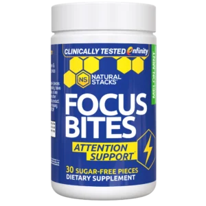 Natural Stacks Focus Bites bottle, sugar-free chewable pieces for attention support with clinically tested enfinity paraxanthine.