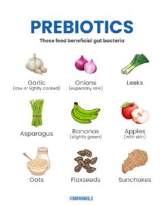 Prebiotics infographic showing foods that feed beneficial gut bacteria, including garlic, onions, leeks, asparagus, slightly green bananas, apples with skin, oats, flaxseeds, and sunchokes.
