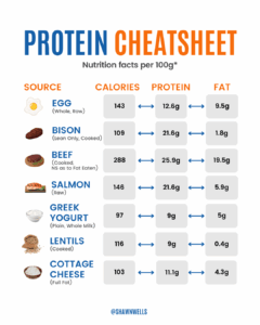 Protein cheatsheet infographic showing calories, protein, and fat per 100g for egg, bison, beef, salmon, Greek yogurt, lentils, and cottage cheese.