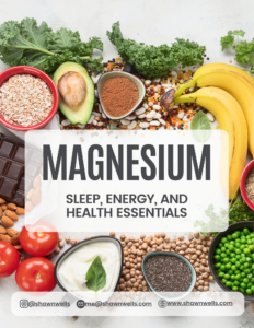 Magnesium guide cover with foods high in magnesium and the text “Magnesium: sleep, energy, and health essentials” by Shawn Wells.