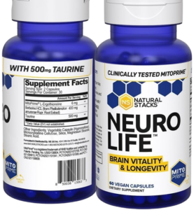 Natural Stacks NeuroLife supplement bottles featuring clinically tested MitoPrime L-ergothioneine for brain vitality and longevity.