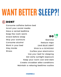 Better sleep do’s and don’ts infographic with tips like limiting caffeine, reducing blue light, keeping a consistent schedule, exercising, and sleeping in a cool dark room.