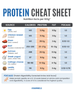 Infographic titled “Protein Cheat Sheet” comparing nutrition facts per 100g for common protein sources including egg, chicken breast, bison, beef, salmon, Greek yogurt, cottage cheese, and lentils. The chart lists calories, protein, fat, and PDCAAS protein quality scores for each food. Chicken breast has the highest protein at 31g per 100g, while eggs, salmon, and dairy products also score highly for protein quality. A note at the bottom explains that PDCAAS measures protein quality and digestibility on a 0 to 1.0 scale.