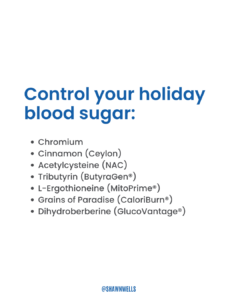 Graphic listing nutrients and supplements that may support holiday blood sugar, including chromium, Ceylon cinnamon, NAC, and dihydroberberine.
