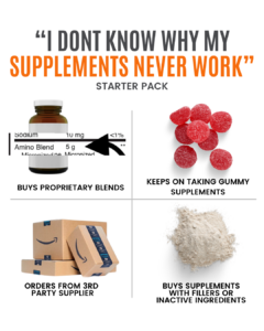 Infographic showing common reasons supplements may not work, including proprietary blends, gummy supplements, third-party sellers, and products with fillers or inactive ingredients.