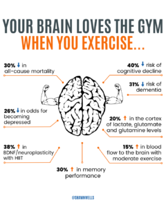 Infographic showing how exercise supports brain health, including BDNF, neuroplasticity, memory, blood flow, mood, and lower risk of cognitive decline.